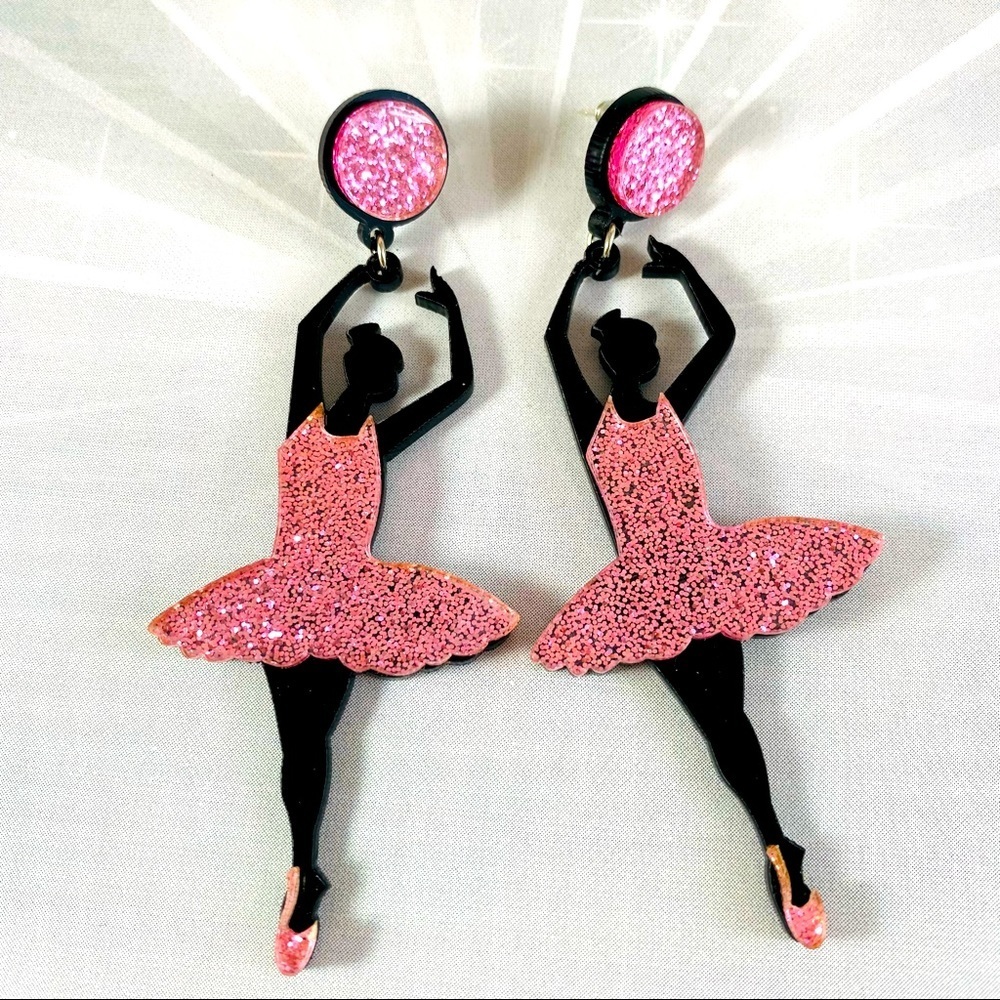 Adorable laser cut pink acrylic sparkle ballerina statement Kawaii earrings
